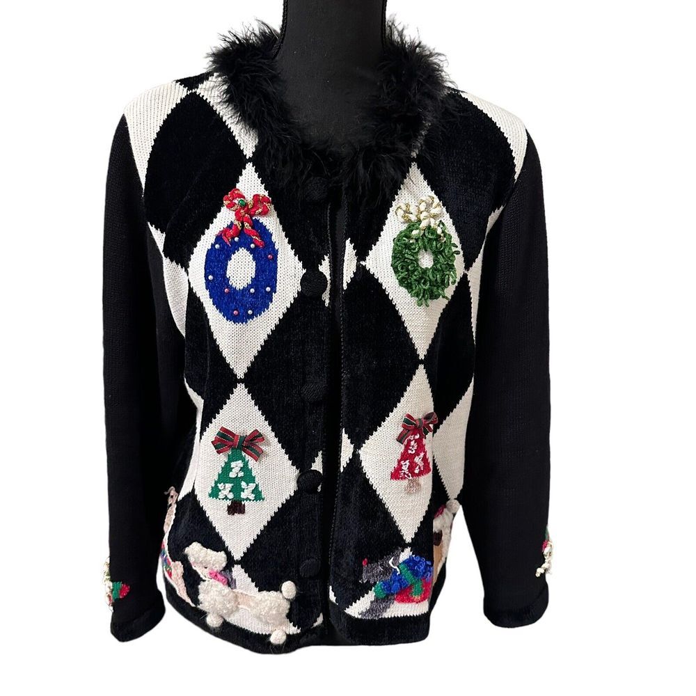 Christmas Argyle Cardigan Sweater‎ Black Poodles Wreaths Trees More  Dogs Medium